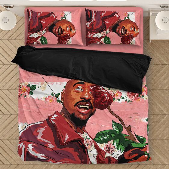 2pac Shakur Holding Rose Painting Style Awesome Bedding Set - Rappers Merch