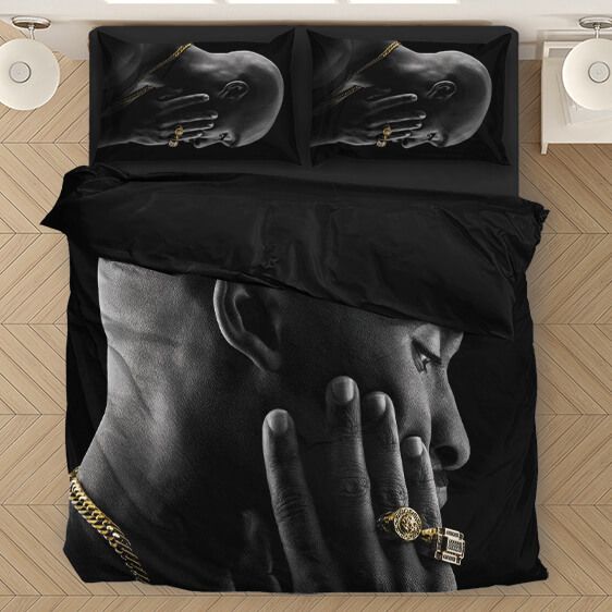 Tupac Shakur Side View Wearing Gold Bling Black Bedding Set - Rappers Merch