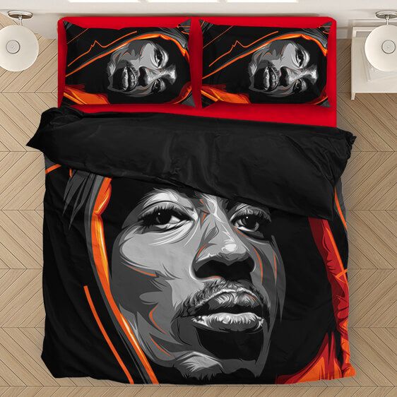 Tupac Shakur Wearing Hoodie Epic Red Orange Bedding Set - Rappers Merch
