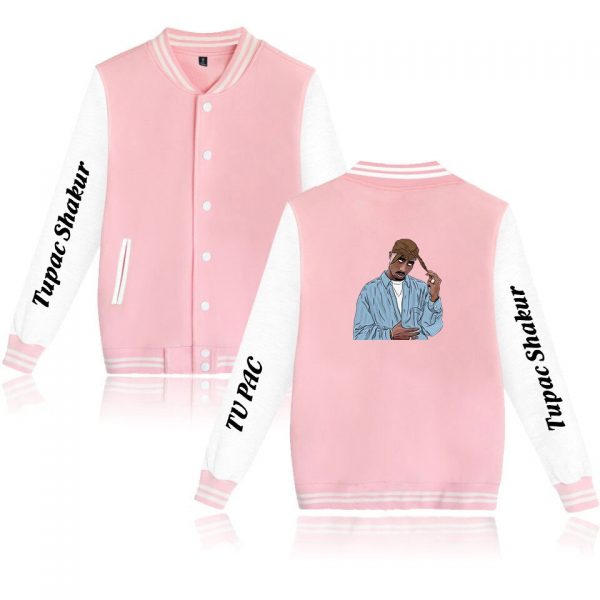 Rapper 2pac Baseball Uniform Fleece Jacket Women Men Streetwear Hip Hop Long Sleeve Tupac Shakur Pink 1 - Rapper Outfits
