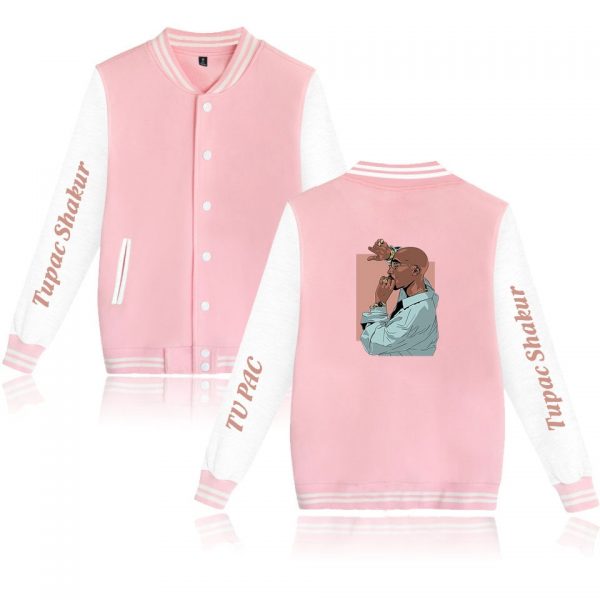 Rapper 2pac Baseball Uniform Fleece Jacket Women Men Streetwear Hip Hop Long Sleeve Tupac Shakur Pink - Rapper Outfits